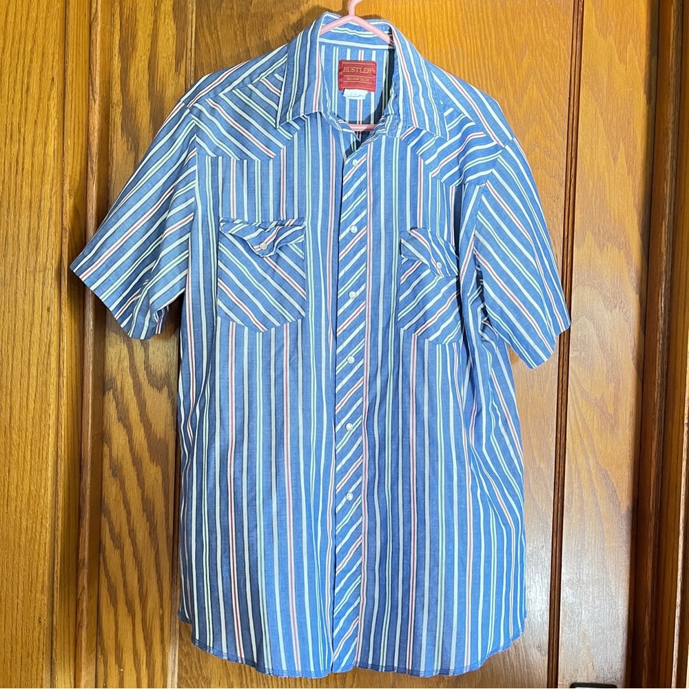Vintage Retro Rustler X-Long Tails Pearl Snap Blue White Red Green Striped Shirt